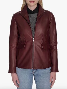 COLE HANN WOMEN’s WING COLLAR LEATHER JACKET-M (Burgundy) Like new